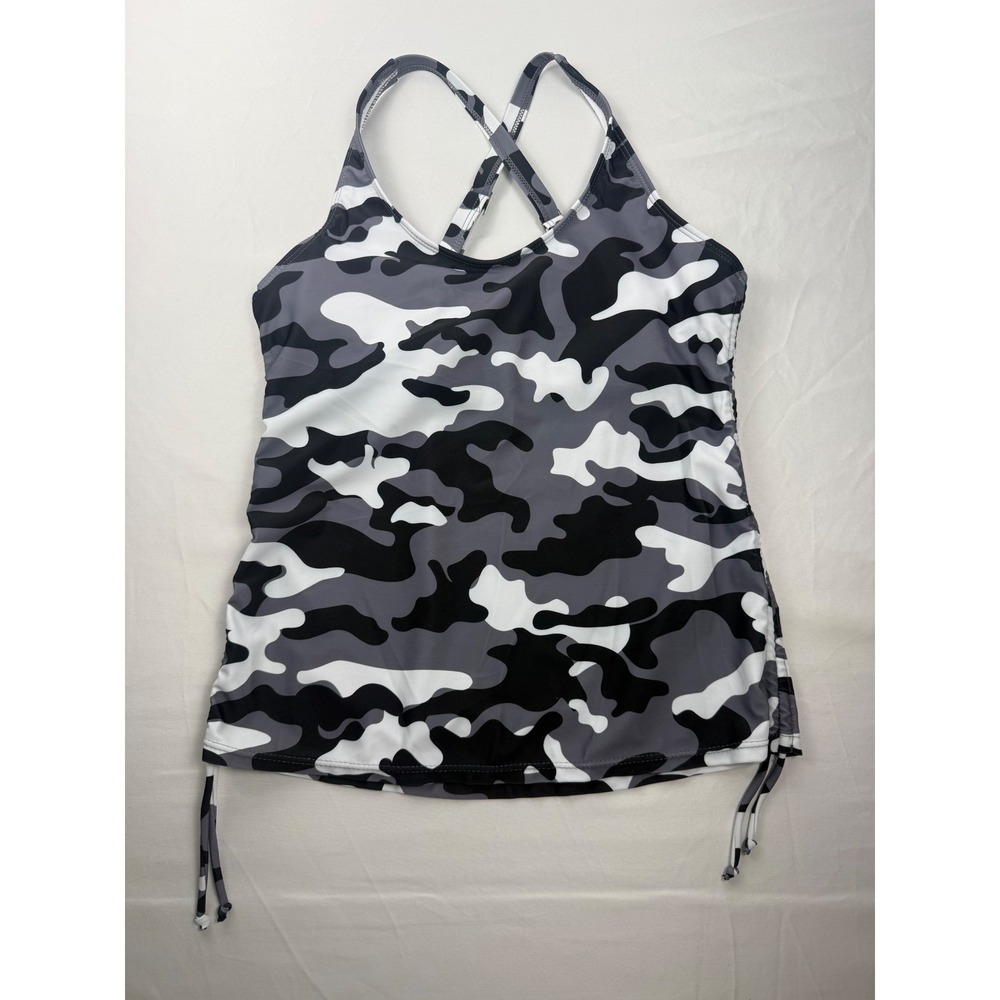Camo Size M Tankini Swim Top Gray Black‎ White Ruched Side Adjustable